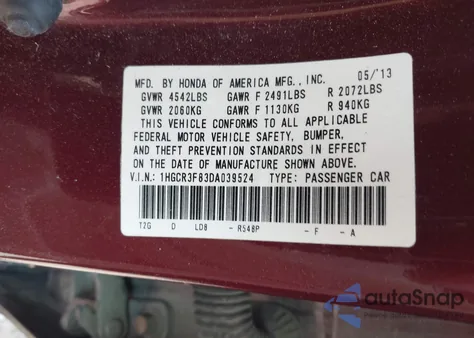 2013 Honda Accord Ex-L V-6 из США, поврежденный, VIN 1HGCR3F83DA039524